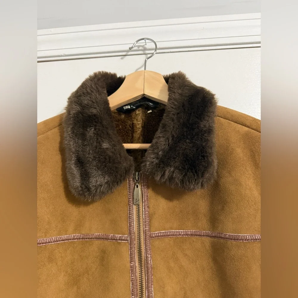 LADY HATHAWAY | Elegant Tan Teddy Jacket Faux Fur Trim Medium - Picture 5 of 11